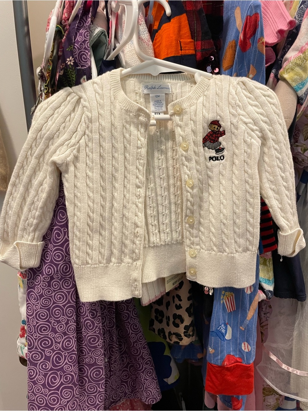 Polo by Ralph Lauren Cream Cable-Knit Kids Cardigan with Embroidered Bear
